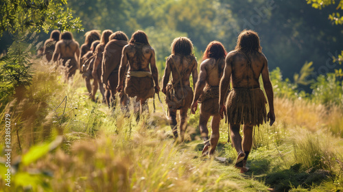 Group of Neanderthals walking through a forested area.