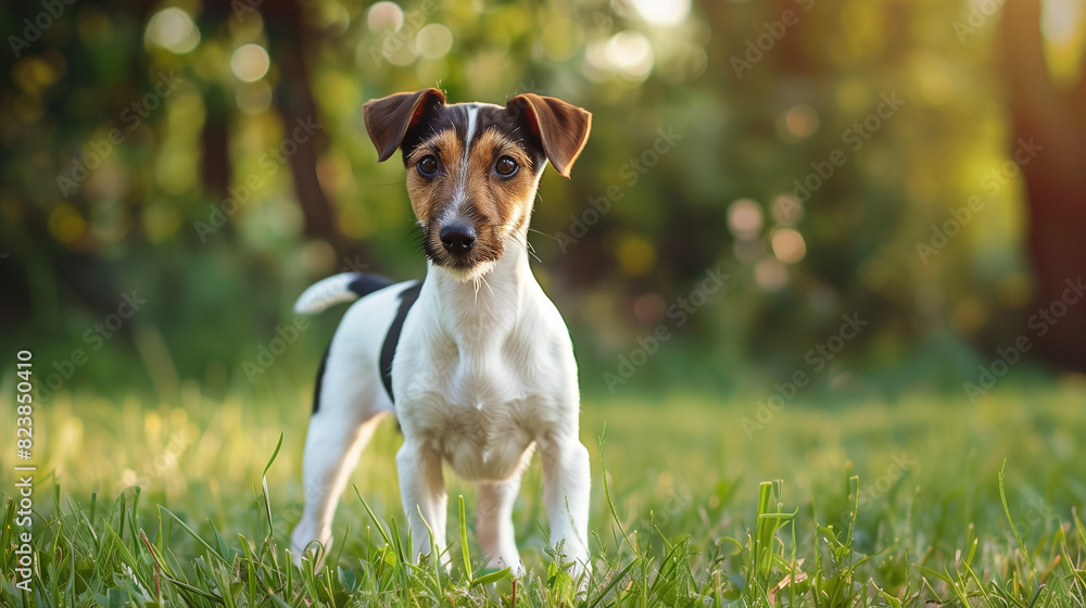 Dog (Smooth Fox Terrier) on green grass in park Dog (Smooth Fox Terrier) on green grass in park