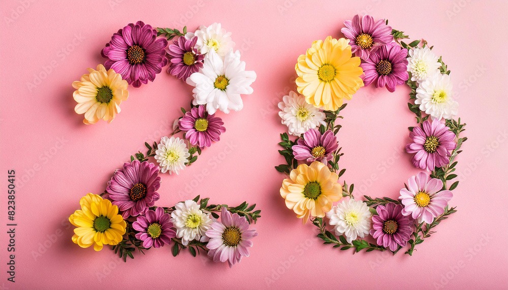 Number 20, twenty made of blooming flowers on pink backdrop. Floral composition. Flat lay. Close-up. Number 20, twenty made of blooming flowers on pink backdrop. Floral composition. Flat lay. Close-up.