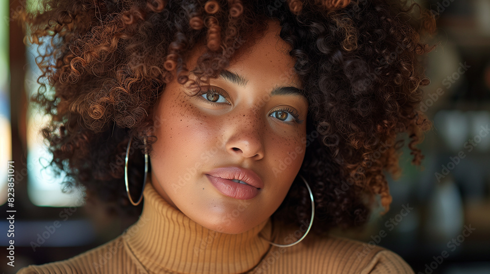 Young woman with curly hair pensively sits in a café, exuding a thoughtful, serene vibe. Young woman with curly hair pensively sits in a café, exuding a thoughtful, serene vibe.