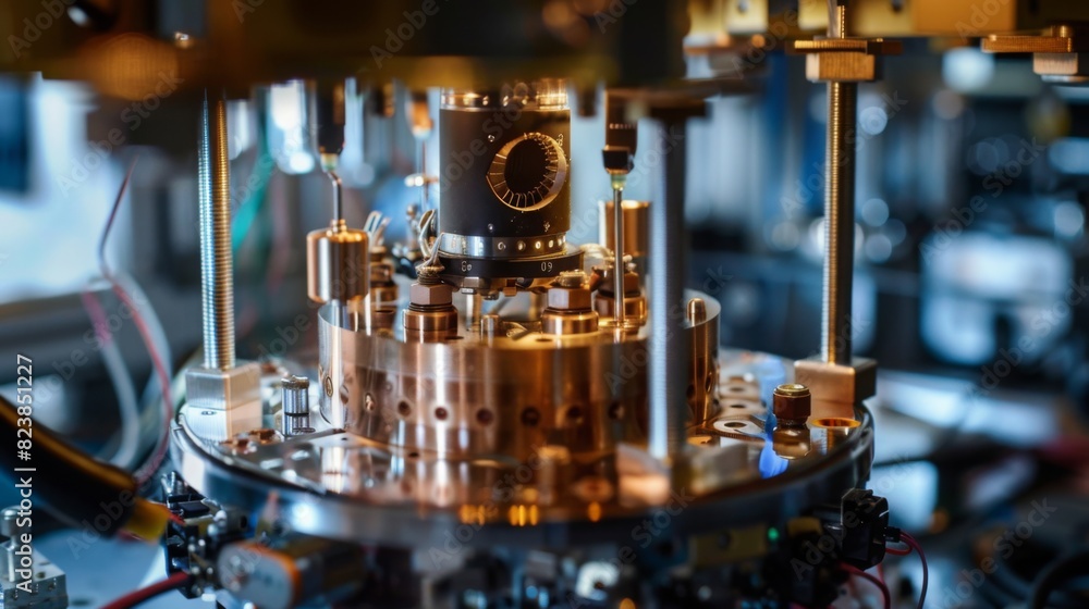 A detailed close-up of quantum computing hardware showcasing various intricate components and circuitry, illuminated brightly indoors. A detailed close-up of quantum computing hardware showcasing various intricate components and circuitry, illuminated brightly indoors.