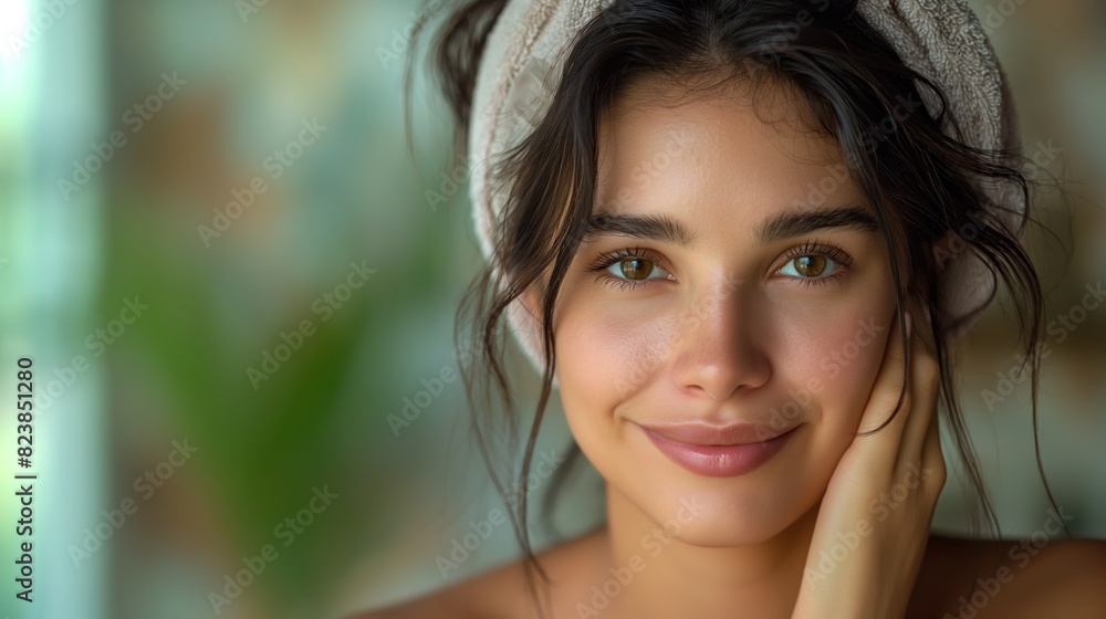 Portrait of beautiful woman. Woman with black hair takes care about skin. Beauty concept. Skin concept. Woman concept. Care concept. Portrait of beautiful woman. Woman with black hair takes care about skin. Beauty concept. Skin concept. Woman concept. Care concept.