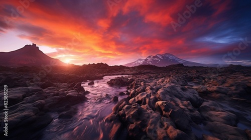 Majestic Sunset Over Rugged Mountain Terrain. Generative AI © A.M