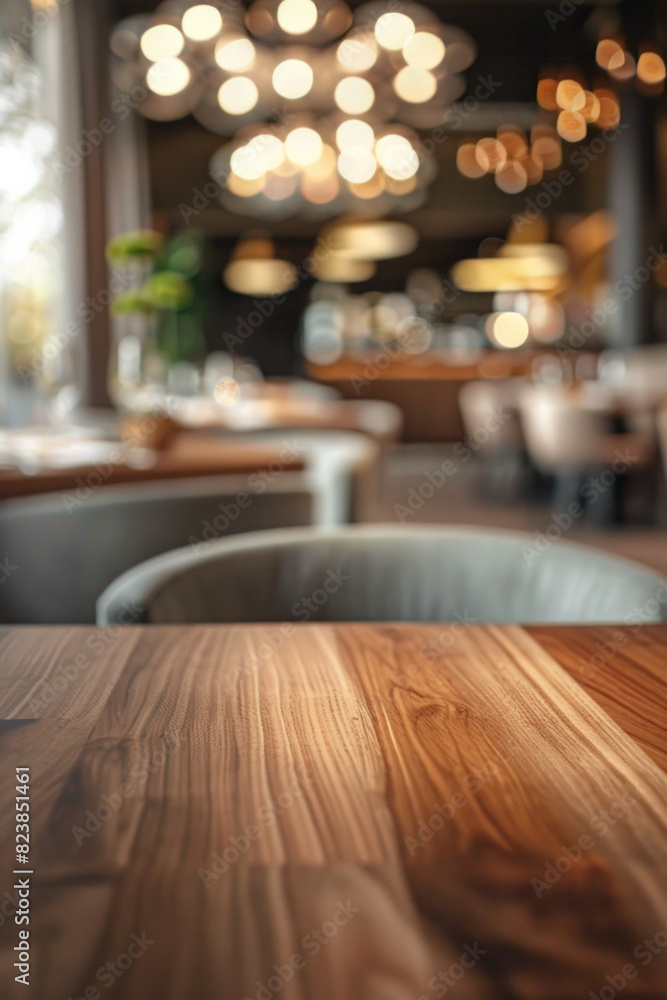 A polished wooden table in the foreground with a blurred background of an elegant restaurant. The background shows beautifully set tables with white linens, stylish chairs and soft ambient lighting A polished wooden table in the foreground with a blurred background of an elegant restaurant. The background shows beautifully set tables with white linens, stylish chairs and soft ambient lighting