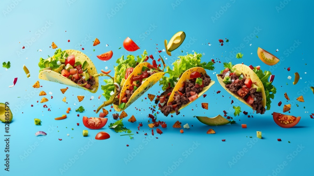 Lively Advertising Banner Featuring Levitating Taco Salad Ingredients for Print, Card, Poster Lively Advertising Banner Featuring Levitating Taco Salad Ingredients for Print, Card, Poster