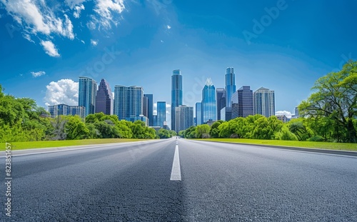 A wide highway leading to the city skyline  with tall buildings and modern architecture in background