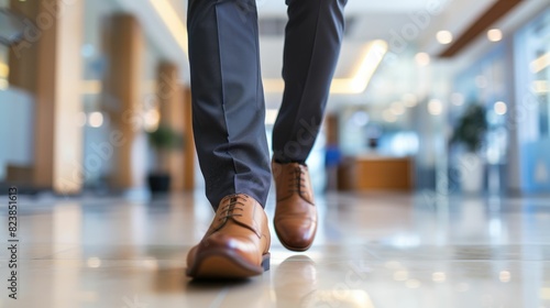 The close up picture of the person is working as a businessman and walking in the office building, the business person require skill like management, communication, negotiation and leadership. AIG43.