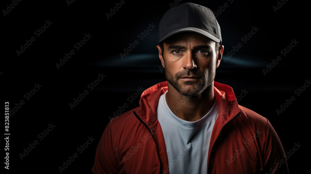 A serious, athletic man in sportswear posing with determination against a dark background A serious, athletic man in sportswear posing with determination against a dark background