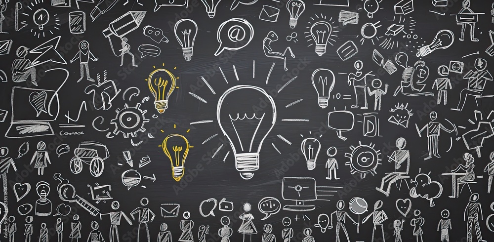 Collaboration and Innovation in Digital Marketing: Social Media Doodles on Blackboard Background Collaboration and Innovation in Digital Marketing: Social Media Doodles on Blackboard Background