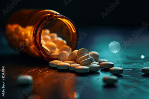 Artistic close-up of various pills spilling from a bottle on a dark, moody background.