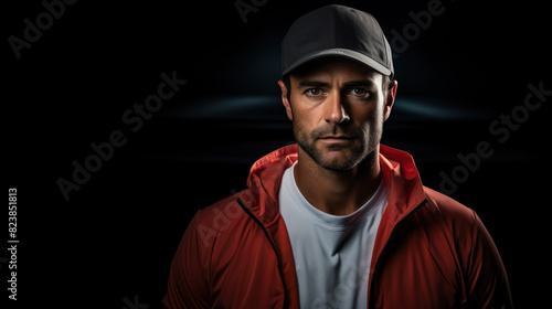 A serious, athletic man in sportswear posing with determination against a dark background © AS Photo Family