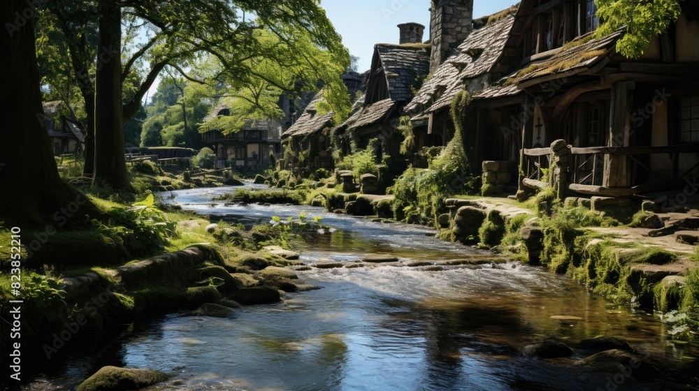 Fototapeta premium A picturesque fantasy village with rustic houses by a tranquil stream, reminiscent of a storybook setting