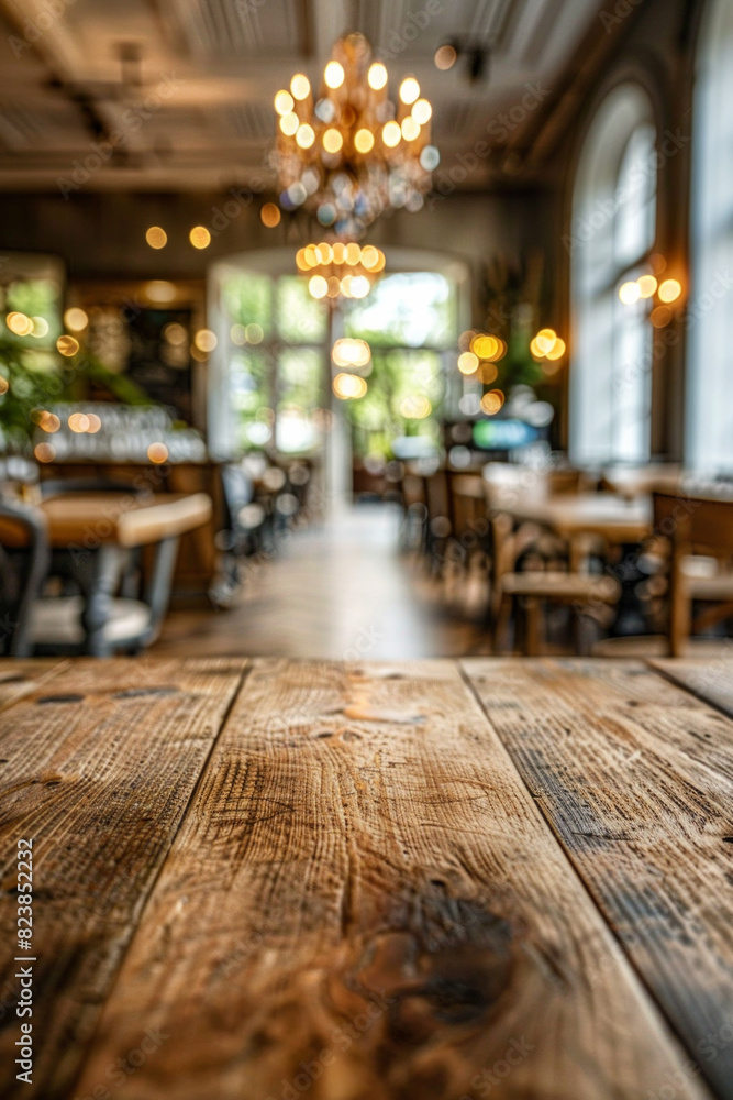 A polished wooden table in the foreground with a blurred background of an elegant restaurant. The background shows beautifully set tables with white linens, stylish chairs and soft ambient lighting A polished wooden table in the foreground with a blurred background of an elegant restaurant. The background shows beautifully set tables with white linens, stylish chairs and soft ambient lighting