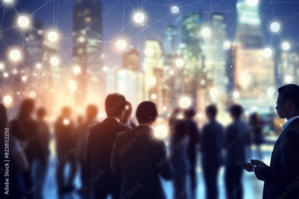 A group of business people standing in the meeting place while greeting and sharing to each other, isolated on a blurry with glare light of a city background. Generative AI. A group of business people standing in the meeting place while greeting and sharing to each other, isolated on a blurry with glare light of a city background. Generative AI.