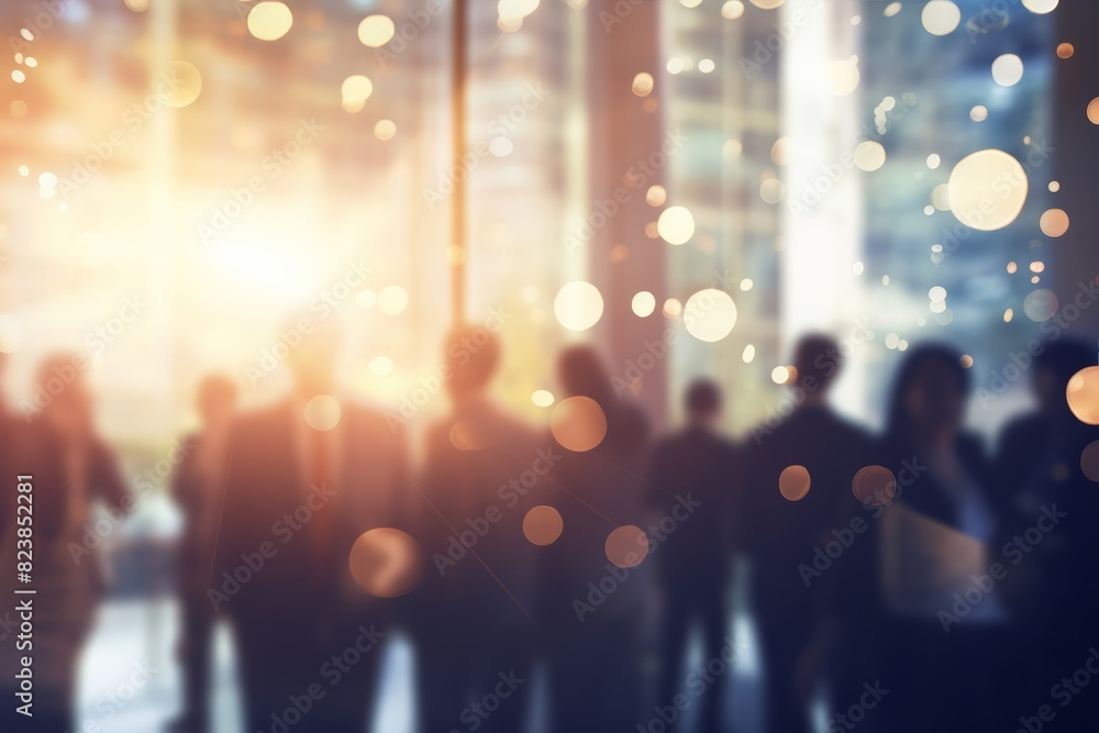 A group of business people standing in the meeting place while greeting and sharing to each other, isolated on a blurry with glare light of a city background. Generative AI. A group of business people standing in the meeting place while greeting and sharing to each other, isolated on a blurry with glare light of a city background. Generative AI.