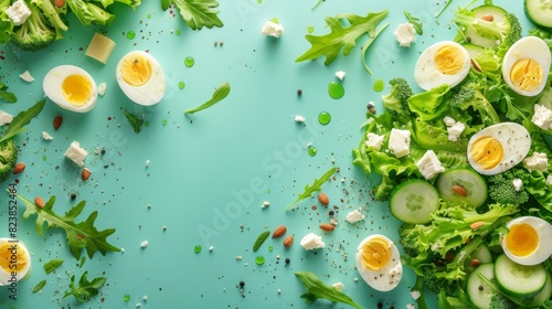 Chic and Trendy Advertising Banner of Cobb Salad Ingredients on a Fashionable Teal Background for Modern Culinary Promotions photo
