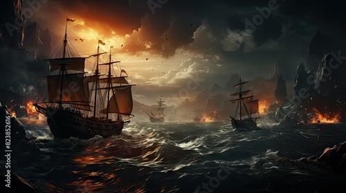 Digital artwork depicting dramatic naval battle with ships and stormy seas at sunset