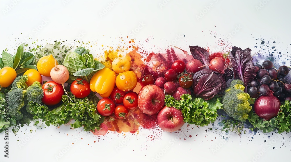 Variety of fruits and vegetables are arranged set on white background. The image is colorful and has a painterly quality. Variety of fruits and vegetables are arranged set on white background. The image is colorful and has a painterly quality.
