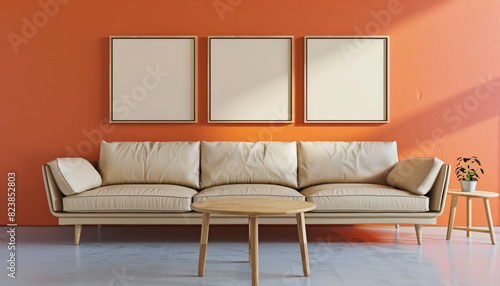 Triple frame mockup  sunset orange wall  beige leather sofa  minimalist oak table  ultra HD interior.