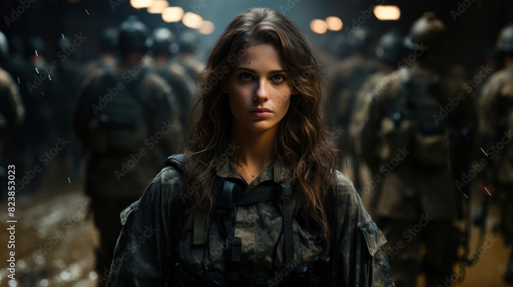 A young woman with a piercing gaze stands before an army in a dystopian world A young woman with a piercing gaze stands before an army in a dystopian world