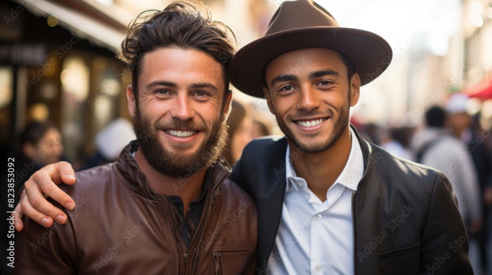 Two happy young men embracing each other on a bustling city street, showcasing friendship and diversity Two happy young men embracing each other on a bustling city street, showcasing friendship and diversity