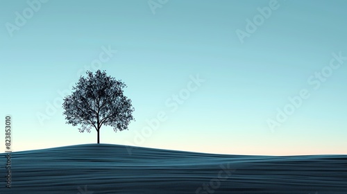 A single tree stands on a hill. The sky is clear and blue. The tree is silhouetted against the sky.