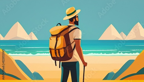 Concepto minimalista de mochilero de vacaciones en la playa