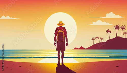 Concepto minimalista de mochilero de vacaciones en la playa