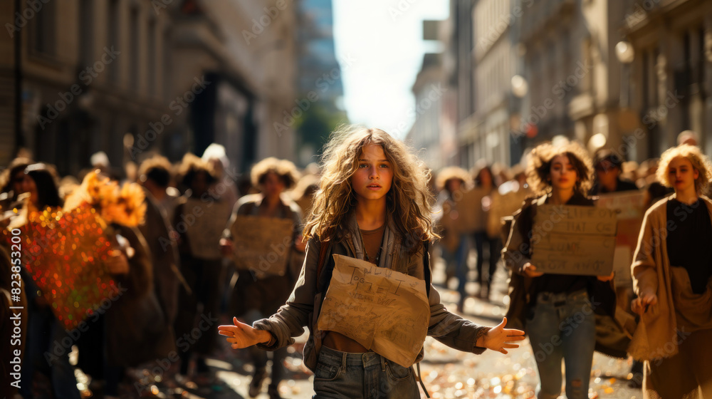 A young girl looks confused amid a protest on a sunlit street with signs calling for change A young girl looks confused amid a protest on a sunlit street with signs calling for change