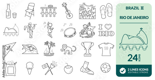 BRAZIL LINE EDITABLE ICONS SET. WONDERFUL ICONS OF BRAZIL II RIO DE JANEIRO, WEALTH AND BEAUTY. SUGAR LOAF MOUNTAIN SYMBOL OF RIO DE JANEIRO, SAMBA, LAPA, COPACABANA, FAVELA, SAMBA, FOOTBALL AND PARTI