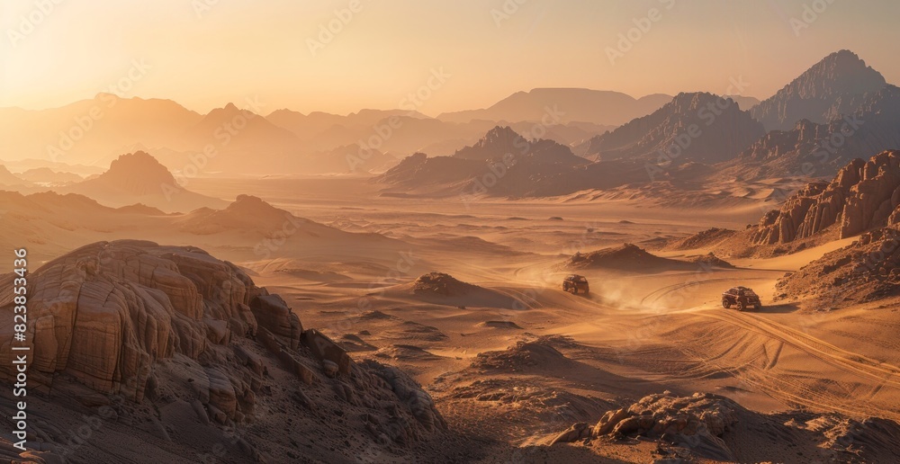 A wide shot of the desert with rocky mountains in egypt, with three off road vehicles driving towards camera