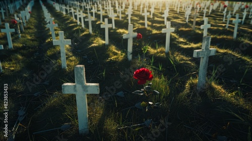 A serene scene of a military cemetery with rows of white crosses, each adorned with a single red rose. The late afternoon sun casts long shadows between the rows, creating a powerf photo