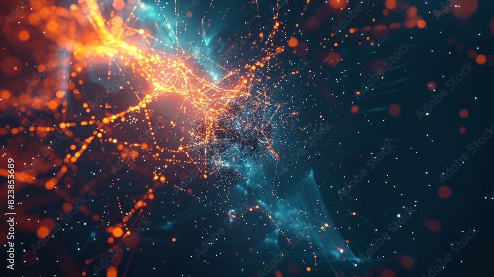 Abstract tech background with digital particles explosion, quantum core and computing network system, artificial intelligence and global data connections Abstract tech background with digital particles explosion, quantum core and computing network system, artificial intelligence and global data connections
