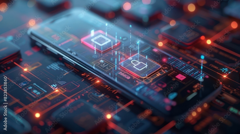 Futuristic smartphone with holographic display showing secure data network concept and digital encryption, interconnected technology. Futuristic smartphone with holographic display showing secure data network concept and digital encryption, interconnected technology.