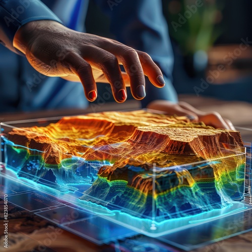Hand interacting with a vibrant topographical model, showcasing geological layers and terrain structure with colorful illumination. photo
