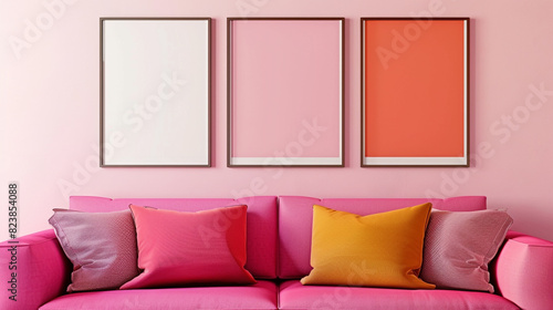 Chic urban setup with a vibrant fuchsia sofa and two horizontal poster frames showcasing modern pop art  on a pale pink wall.