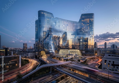 View of iconic glass skyscrapers and busy streets at dusk. The buildings glow with light from their windows  creating an atmosphere reminiscent