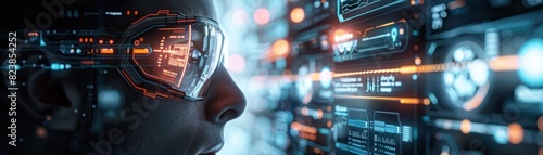 Person in futuristic goggles analyzing data on a high-tech interface, representing artificial intelligence and advanced technology concepts.