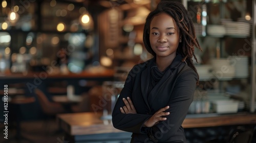 Confident young African American female entrepreneur standing with arms crossed