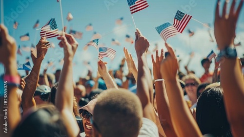 Crowd of People Holding American Flags