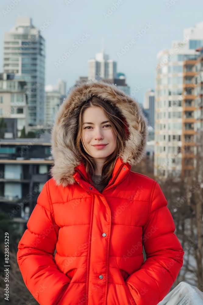 Woman in Red Jacket with Fur Hood in Cityscape Woman in Red Jacket with Fur Hood in Cityscape