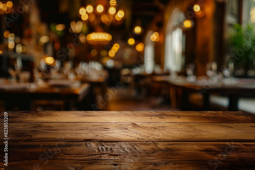 A polished wooden table in the foreground with a blurred background of an elegant restaurant. The background shows beautifully set tables with white linens, stylish chairs and soft ambient lighting 