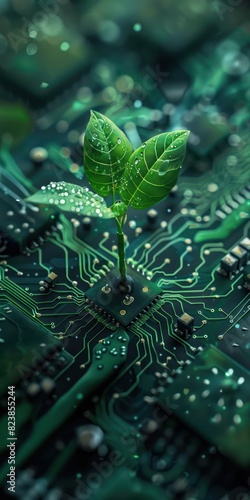 A green plant sprouting from a complex circuit board symbolizes technology and nature's intersection, promoting sustainability and eco-friendly innovation.