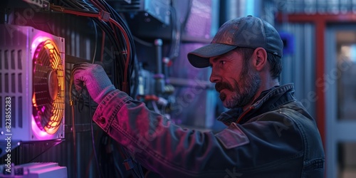 A technician in a cap and jacket works on illuminated electronic equipment in a dimly lit room, adjusting and maintaining the device. photo