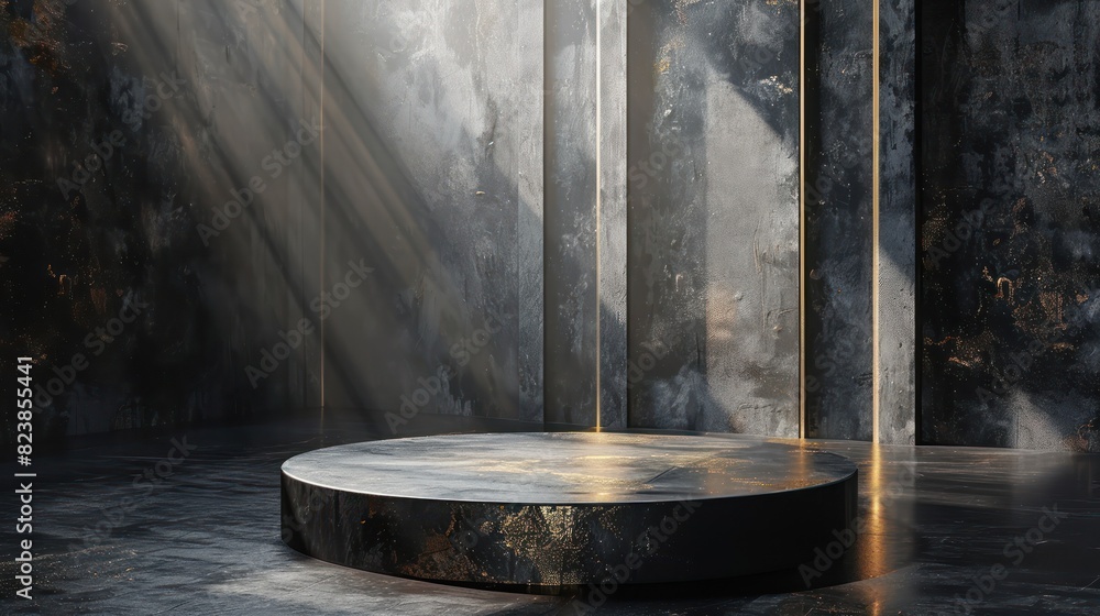 Abstract dark round podium with light rays in an empty grunge room, perfect for product display or exhibition backdrop. Abstract dark round podium with light rays in an empty grunge room, perfect for product display or exhibition backdrop.