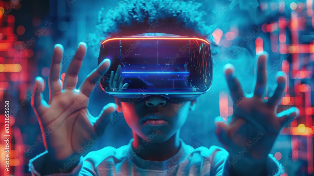 Child using virtual reality headset with neon lights, exploring virtual world with immersive technology, experiencing futuristic digital space. Child using virtual reality headset with neon lights, exploring virtual world with immersive technology, experiencing futuristic digital space.