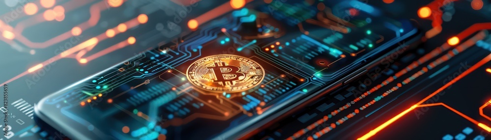 Close-up of a digital Bitcoin on a mobile phone motherboard, representing cryptocurrency and blockchain technology for financial transactions. Close-up of a digital Bitcoin on a mobile phone motherboard, representing cryptocurrency and blockchain technology for financial transactions.