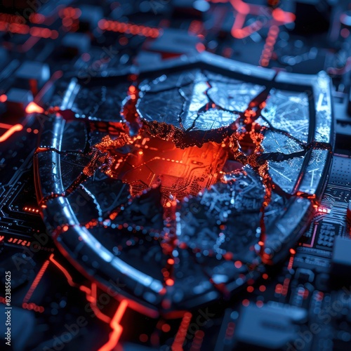 Close-up of a damaged shield on a circuit board highlighting cybersecurity breach or vulnerability concept with glowing red elements.