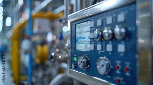 Close-up of a control panel in a modern industrial factory, displaying various buttons and digital readouts with blurred machinery background. © BoOm