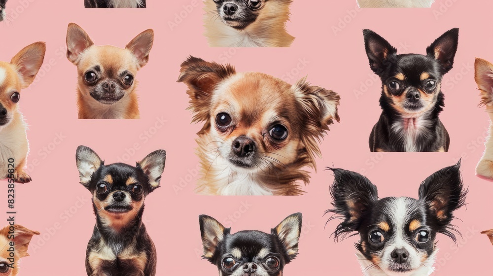 Obraz premium featuring a collage of small dog breeds like Chihuahuas and Pomeranians against a pastel pink background, highlighting their tiny features and lively expressions, Pets, Animal, Cut